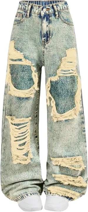 Baggy Jeans for Girls Wide Leg Ripped High Elastic Waisted Denim Pants Cute Summer Trousers Y2K Streetwear 7-14Y
