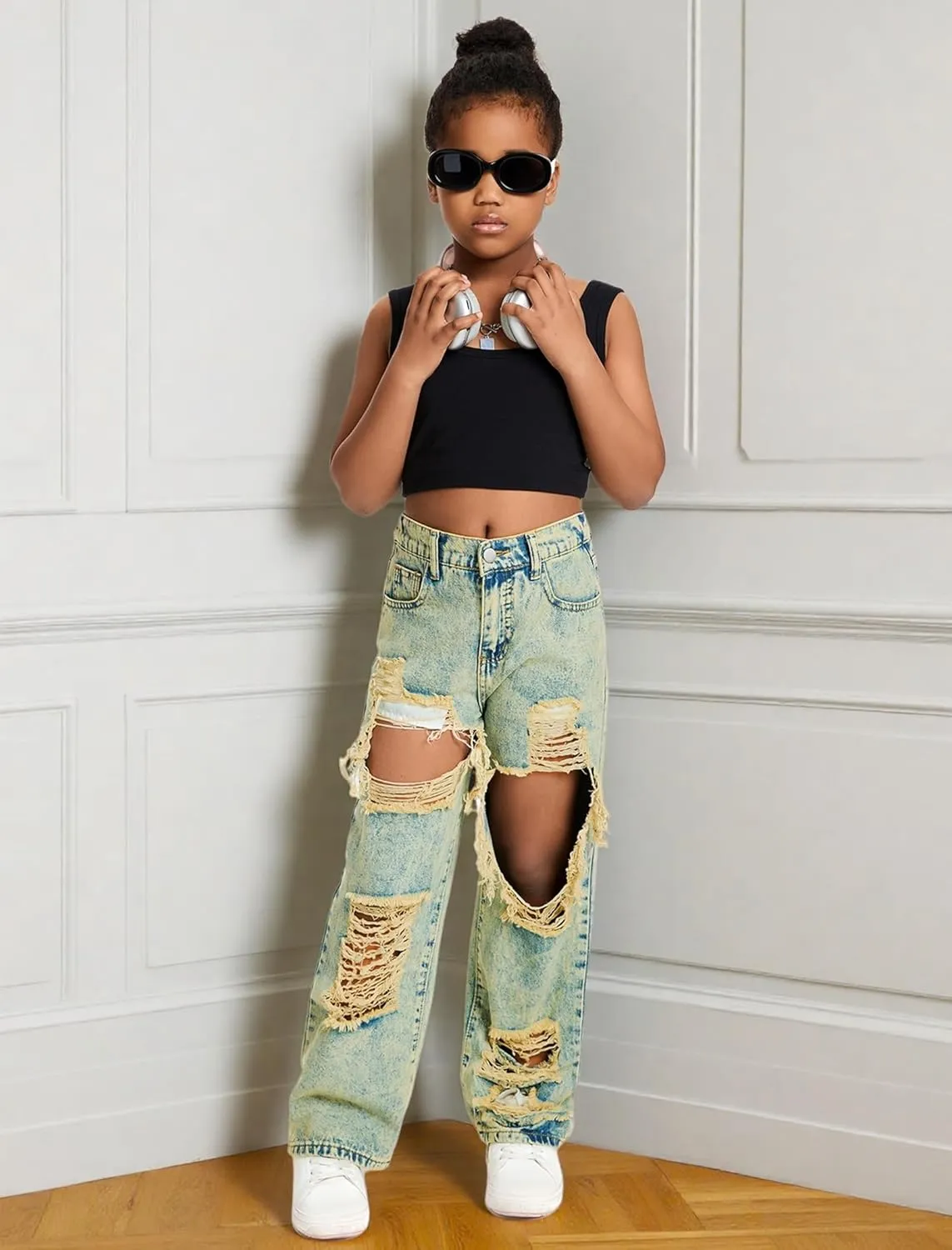Baggy Jeans for Girls Wide Leg Ripped High Elastic Waisted Denim Pants Cute Summer Trousers Y2K Streetwear 7-14Y