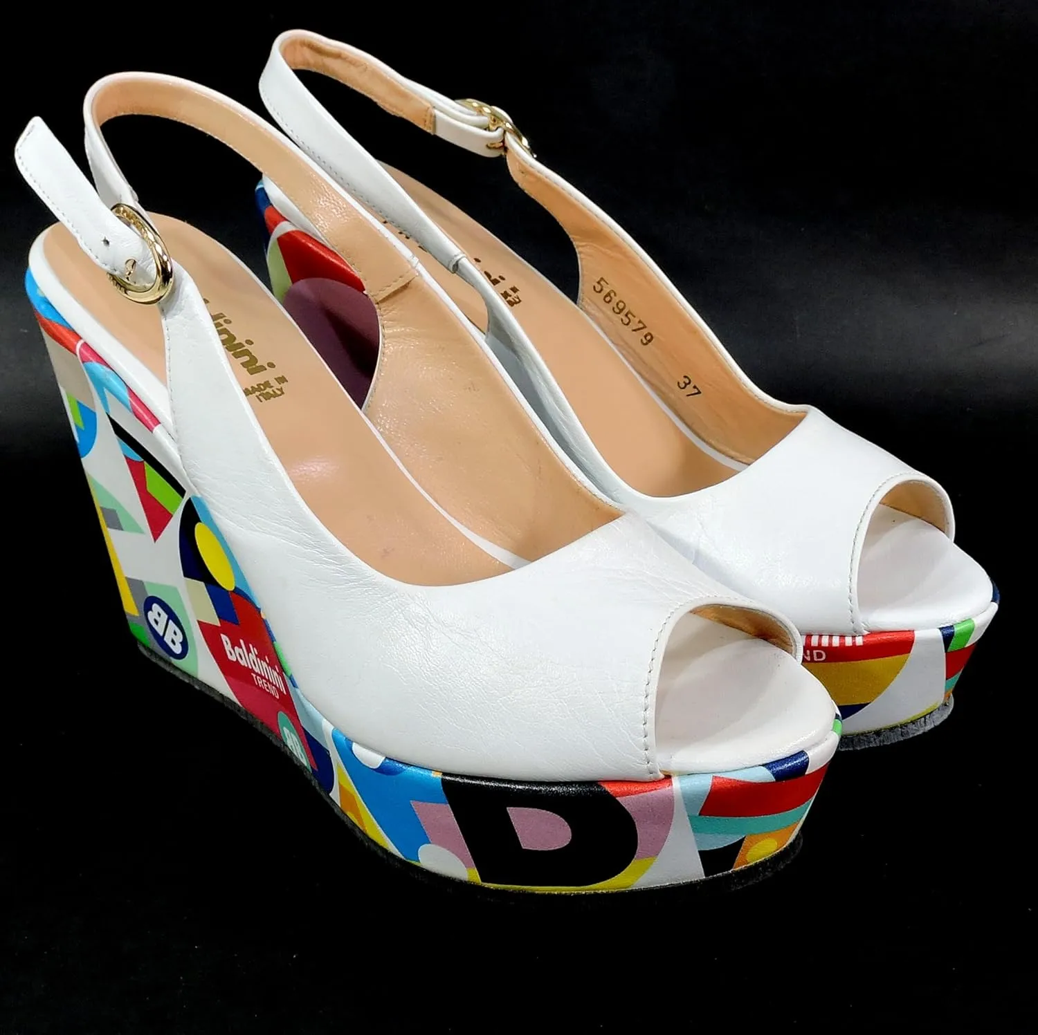 Baldinini Women's Platform Sandals, White Leather, Multicolor Geometric Print Wedge, Peep Toe Slingback
