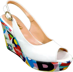 Baldinini Women's Platform Sandals, White Leather, Multicolor Geometric Print Wedge, Peep Toe Slingback