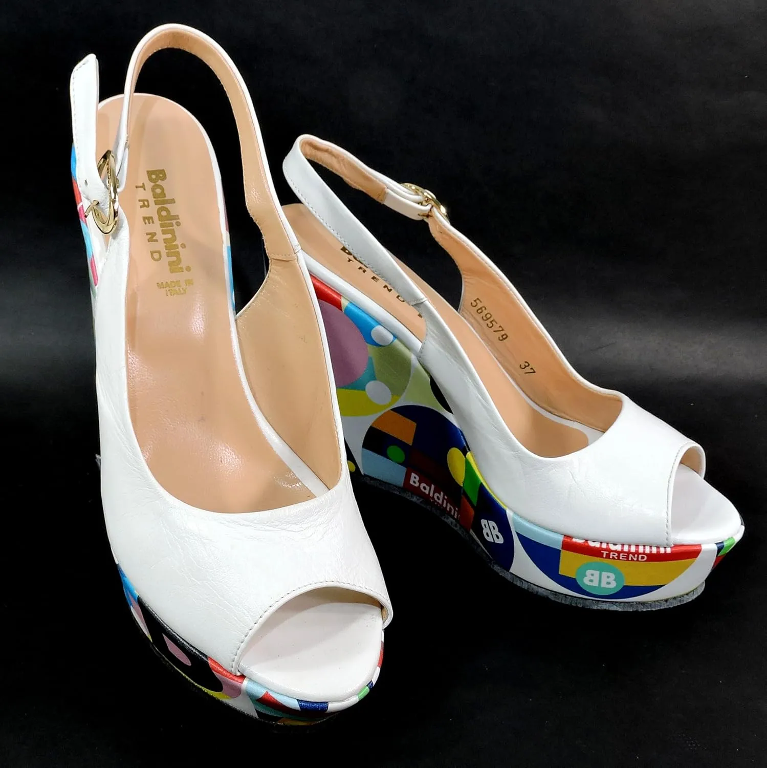 Baldinini Women's Platform Sandals, White Leather, Multicolor Geometric Print Wedge, Peep Toe Slingback