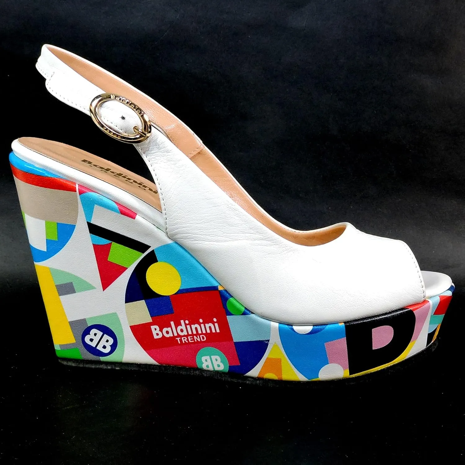 Baldinini Women's Platform Sandals, White Leather, Multicolor Geometric Print Wedge, Peep Toe Slingback
