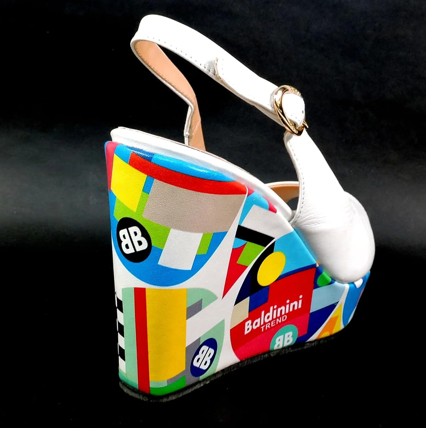 Baldinini Women's Platform Sandals, White Leather, Multicolor Geometric Print Wedge, Peep Toe Slingback