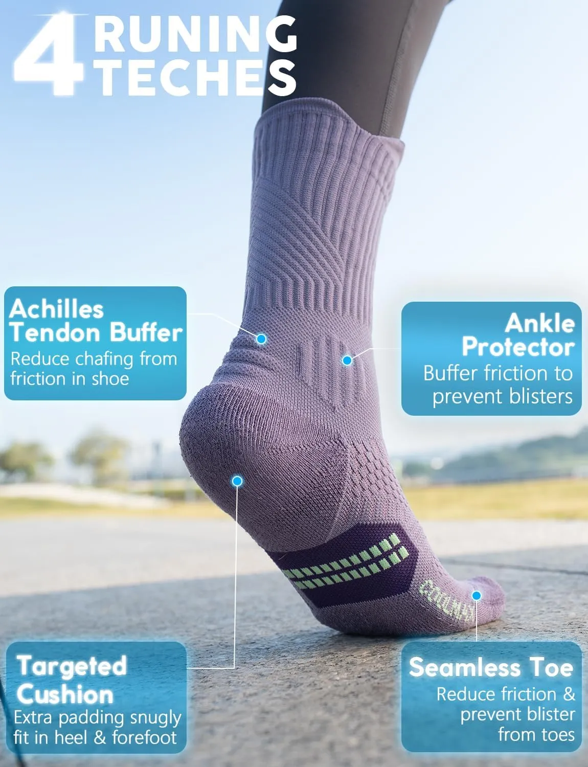 Bamboo Viscose Compression Running Crew Socks, Coolmax Moisture-Wicking Anti-Blister Hiking&Gym Athletic Socks
