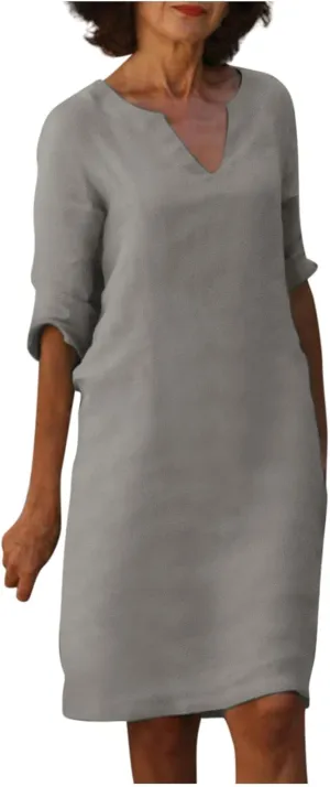 BAXLIMEK Cotton Linen Dresses for Women,2025 Summer Trendy Elegant Plain Beach Dress,Casual 3/4 Sleeve Midi Dress