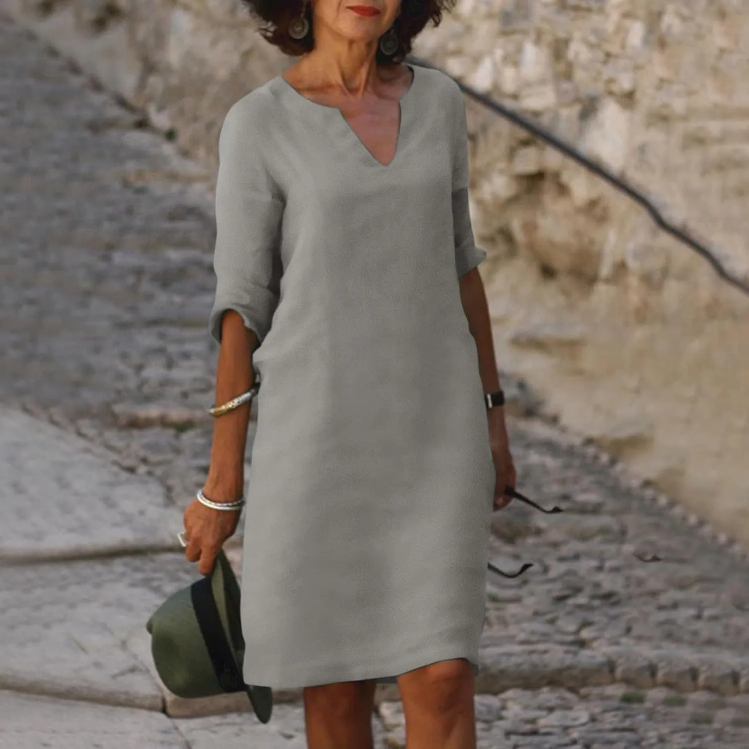 BAXLIMEK Cotton Linen Dresses for Women,2025 Summer Trendy Elegant Plain Beach Dress,Casual 3/4 Sleeve Midi Dress