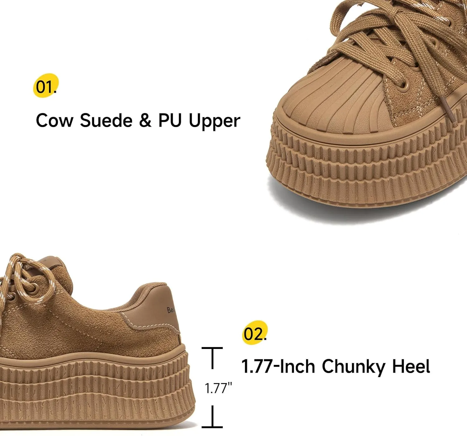 BEAU TODAY Platform Suede Sneakers for Women, Fashion Chunky Sneakers Women, Leather Tennis Ladies Shoes Comfortable, Retro Cute Lace-up Tennis Runnig Trainer Walking Shoes