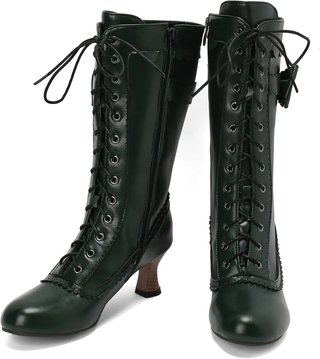 Betastella Womens Vintage Victorian Mid Calf Boots Lace Up Kitten Heel Knee High Renaissance Boots with Bow