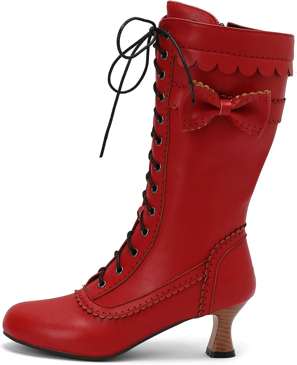 Betastella Womens Vintage Victorian Mid Calf Boots Lace Up Kitten Heel Knee High Renaissance Boots with Bow