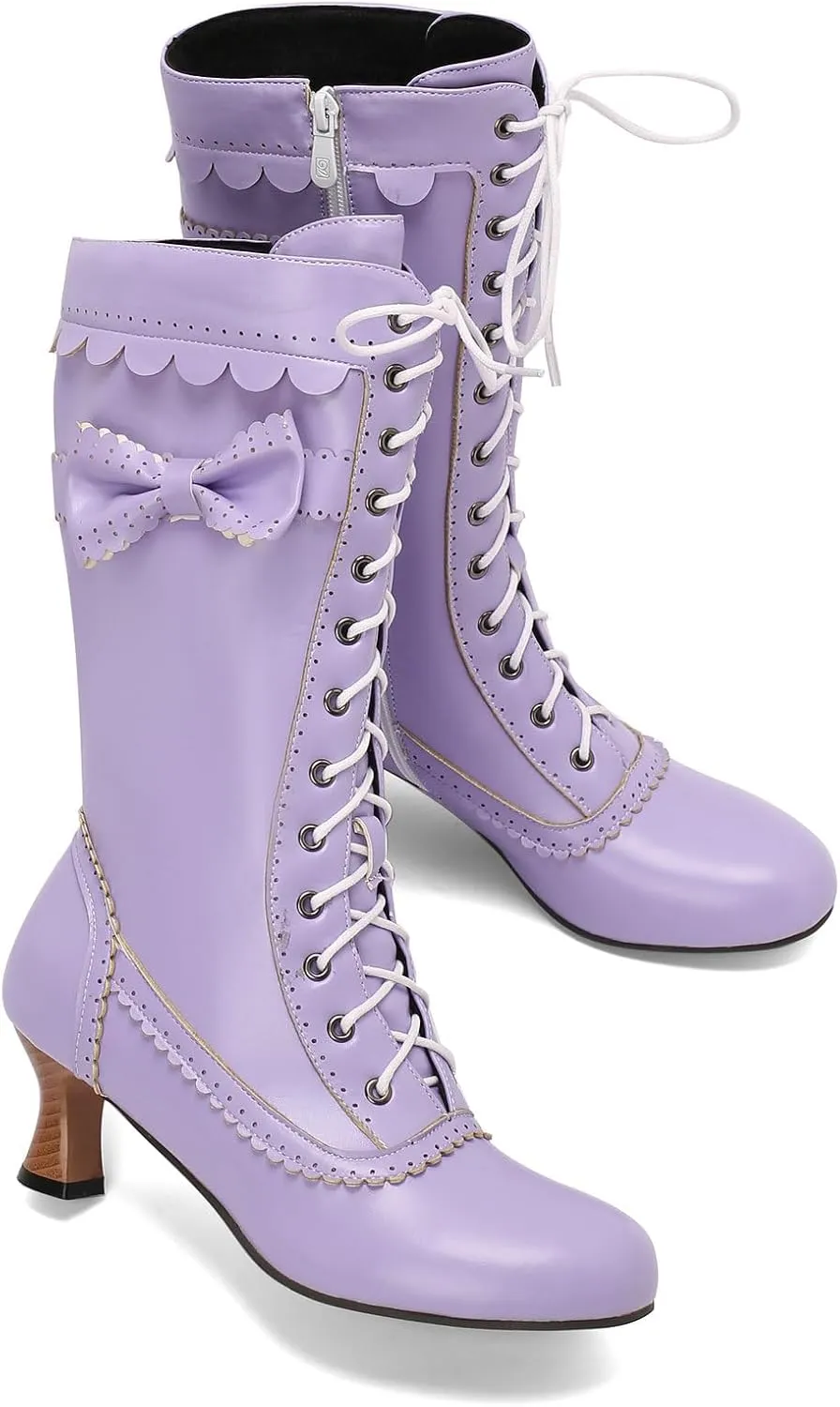Betastella Womens Vintage Victorian Mid Calf Boots Lace Up Kitten Heel Knee High Renaissance Boots with Bow