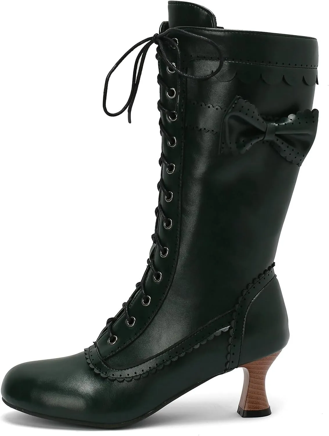 Betastella Womens Vintage Victorian Mid Calf Boots Lace Up Kitten Heel Knee High Renaissance Boots with Bow