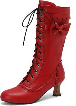 Betastella Womens Vintage Victorian Mid Calf Boots Lace Up Kitten Heel Knee High Renaissance Boots with Bow