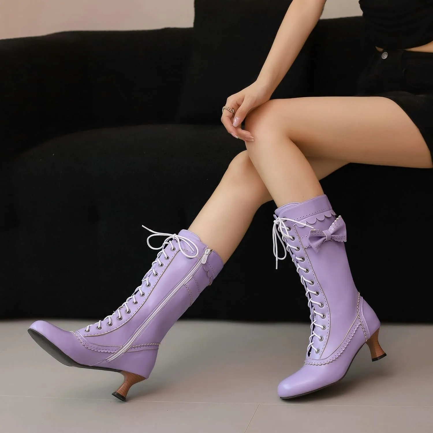 Betastella Womens Vintage Victorian Mid Calf Boots Lace Up Kitten Heel Knee High Renaissance Boots with Bow