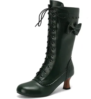 Betastella Womens Vintage Victorian Mid Calf Boots Lace Up Kitten Heel Knee High Renaissance Boots with Bow