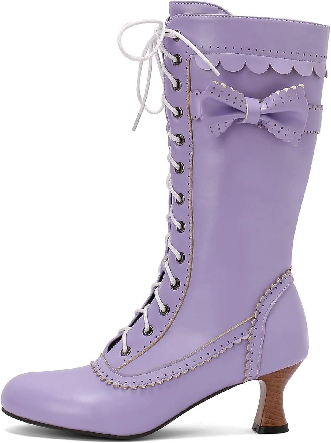 Betastella Womens Vintage Victorian Mid Calf Boots Lace Up Kitten Heel Knee High Renaissance Boots with Bow