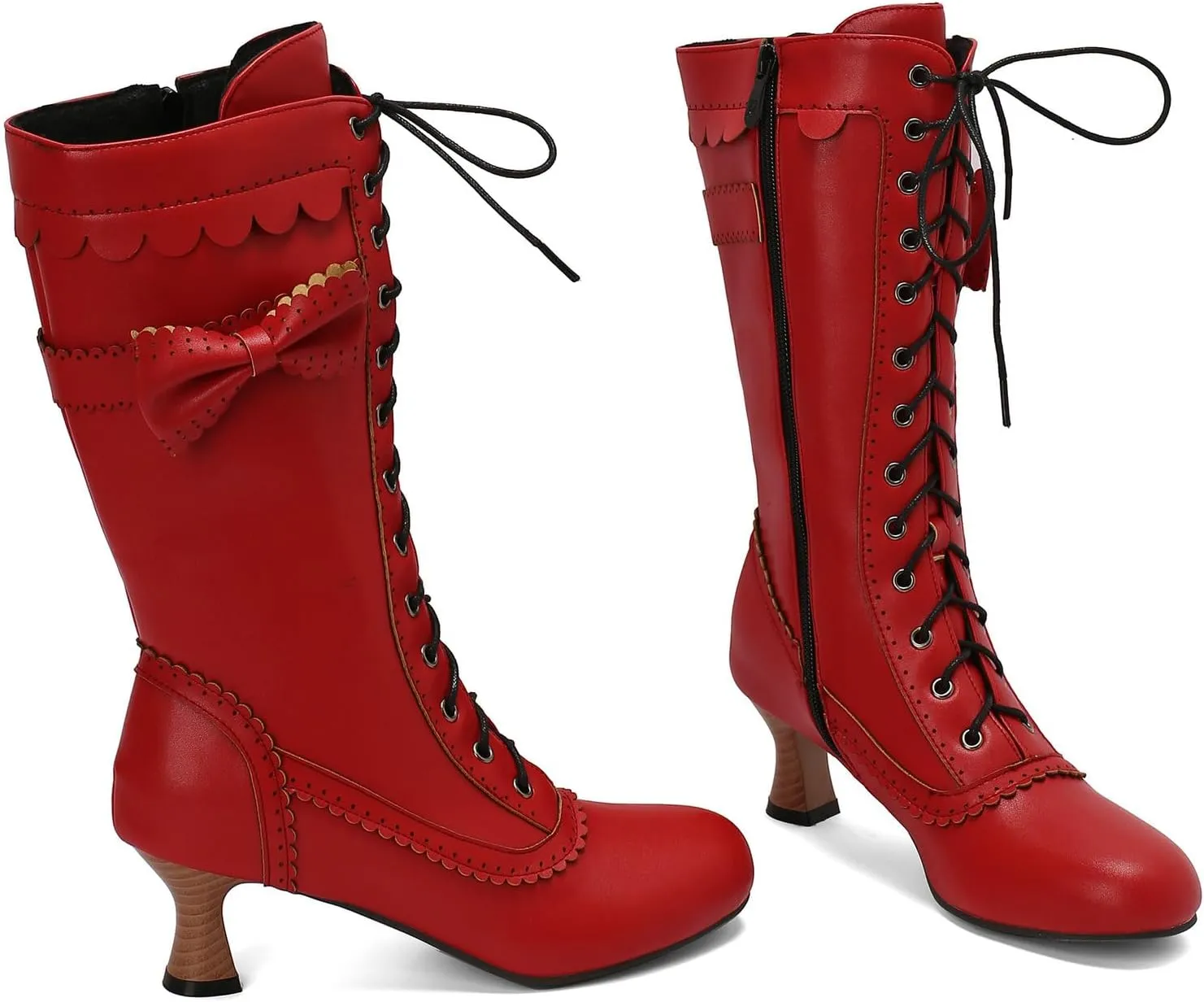 Betastella Womens Vintage Victorian Mid Calf Boots Lace Up Kitten Heel Knee High Renaissance Boots with Bow