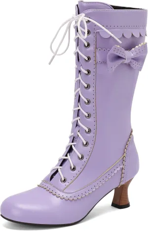 Betastella Womens Vintage Victorian Mid Calf Boots Lace Up Kitten Heel Knee High Renaissance Boots with Bow