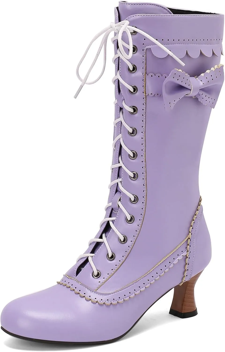 Betastella Womens Vintage Victorian Mid Calf Boots Lace Up Kitten Heel Knee High Renaissance Boots with Bow