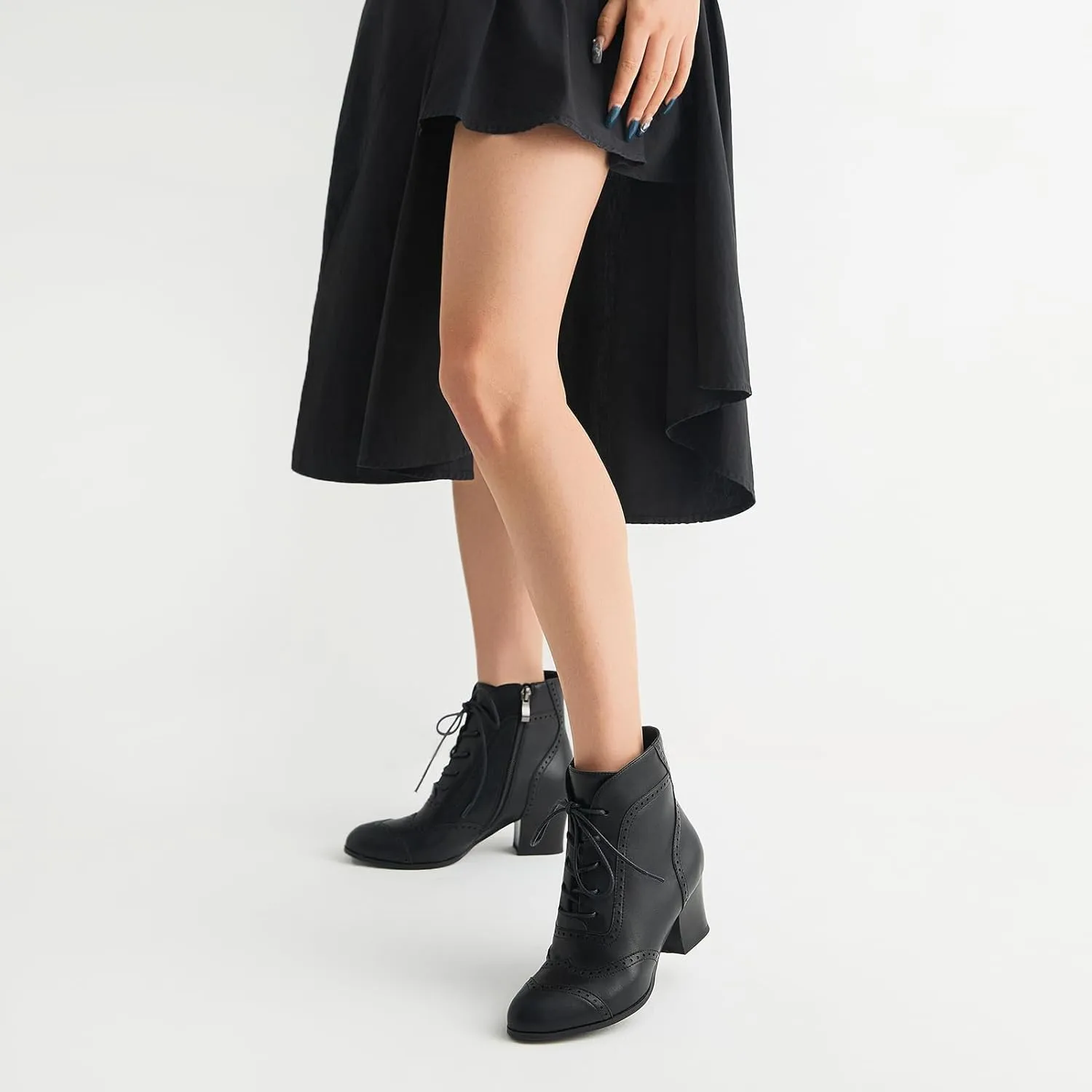 Black Short Ankle Boots Lace Up Booties for Women Side Zipper Victorian Boots Block Chunky Mid Heel