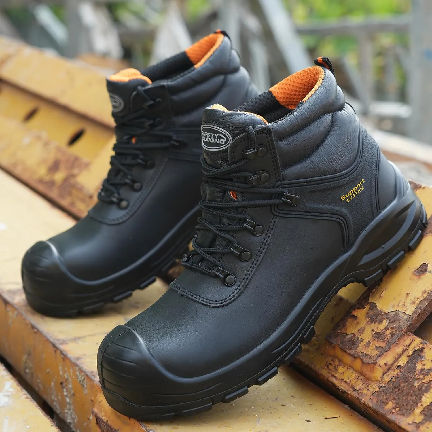 Black Work Boots for Men Composite Toe Non Slip Comfortable Leather Waterproof Lightweight Industrial Construction Safety Shoes