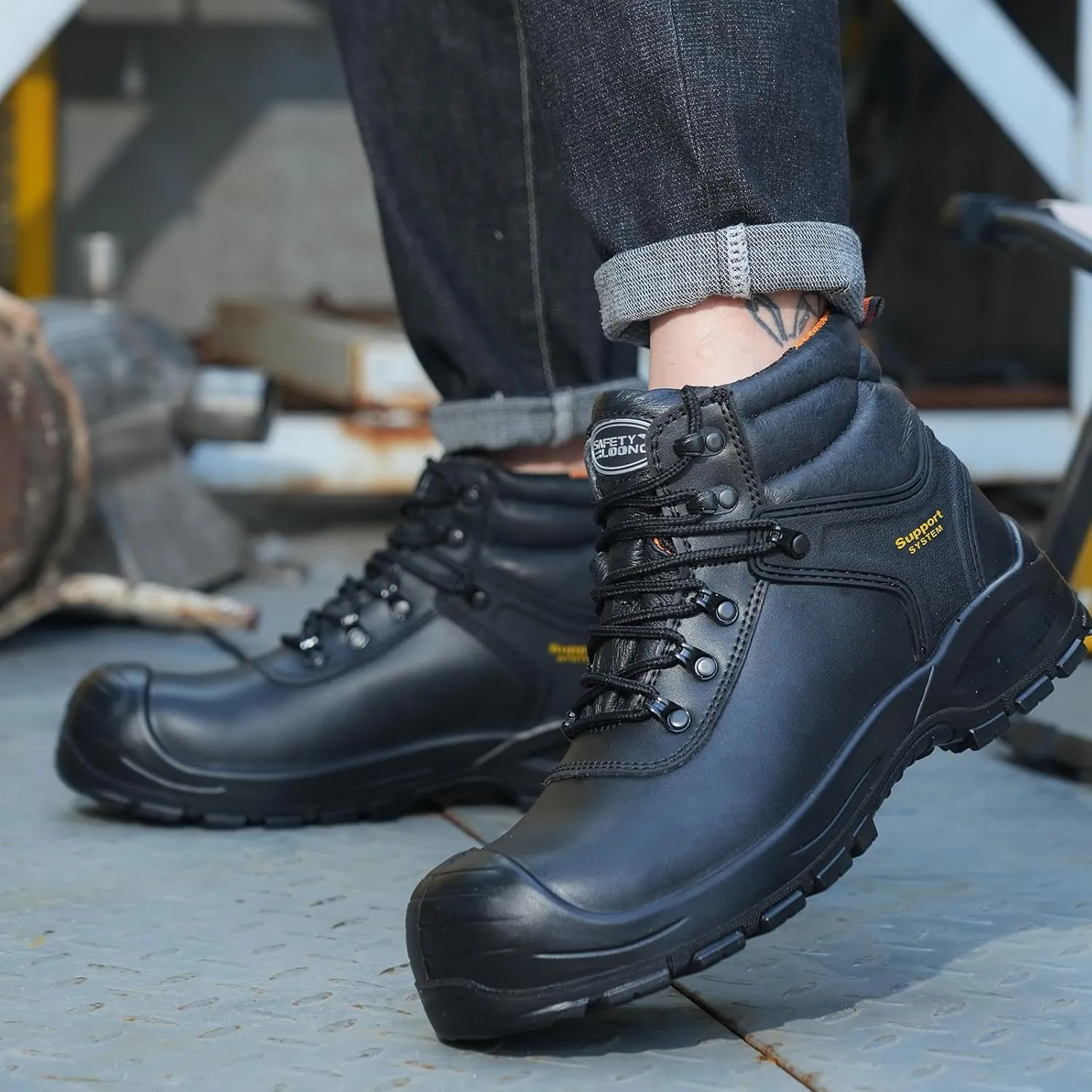 Black Work Boots for Men Composite Toe Non Slip Comfortable Leather Waterproof Lightweight Industrial Construction Safety Shoes
