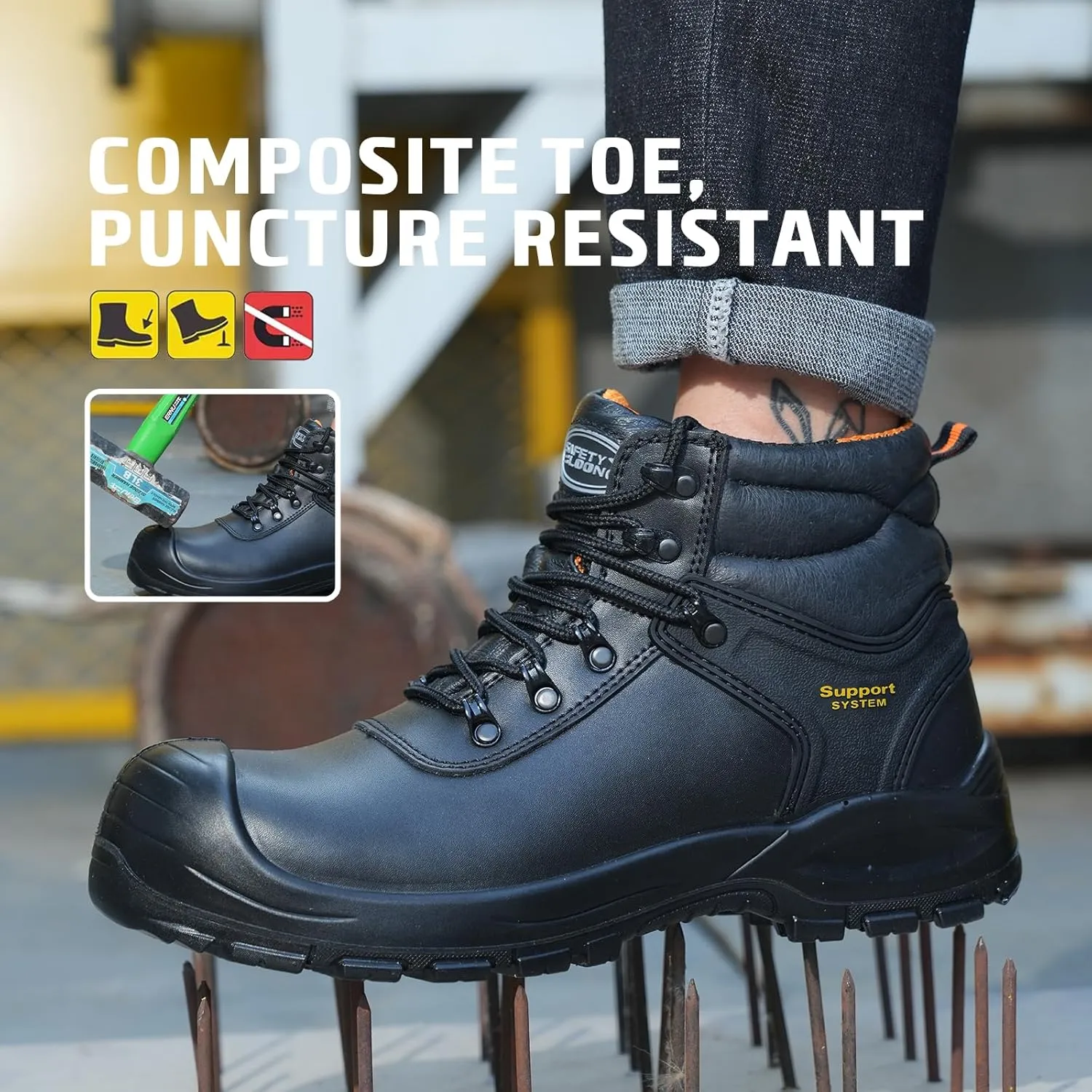 Black Work Boots for Men Composite Toe Non Slip Comfortable Leather Waterproof Lightweight Industrial Construction Safety Shoes