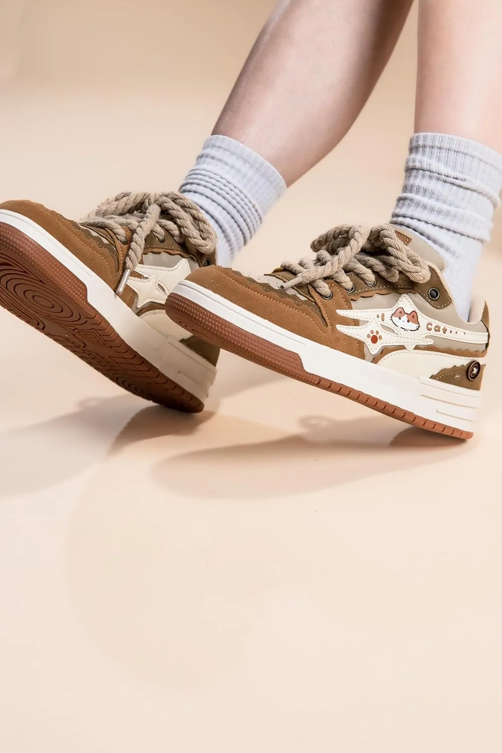 Bobo's House Friendly Kitty Chunky Brown Sneakers Kawaii Unisex Vegan Leather Platform Shoes