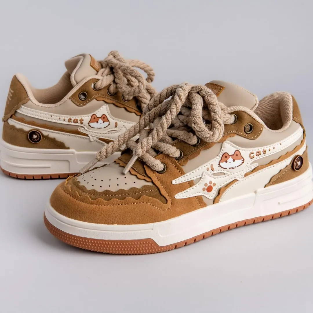 Bobo's House Friendly Kitty Chunky Brown Sneakers Kawaii Unisex Vegan Leather Platform Shoes