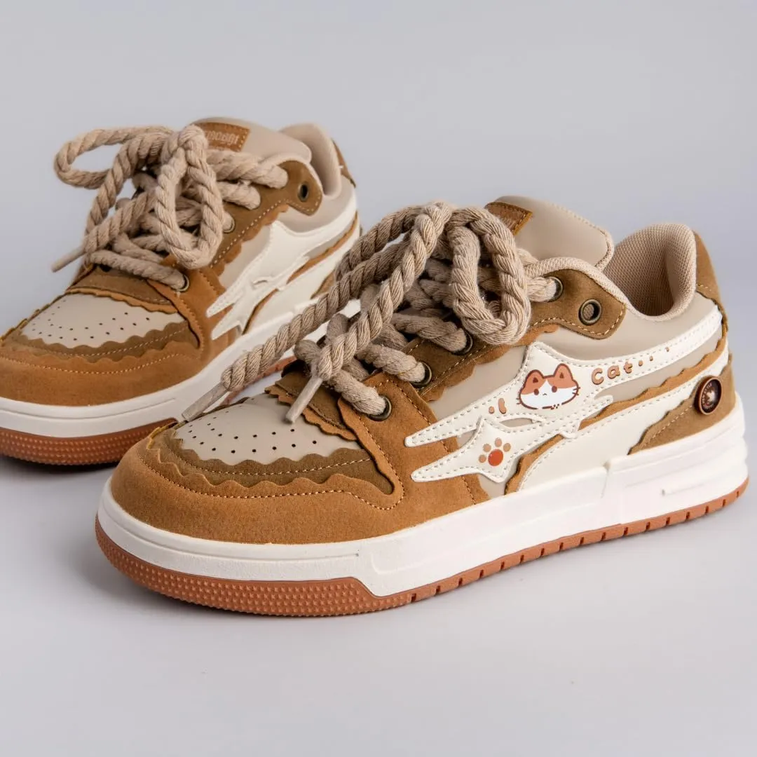 Bobo's House Friendly Kitty Chunky Brown Sneakers Kawaii Unisex Vegan Leather Platform Shoes