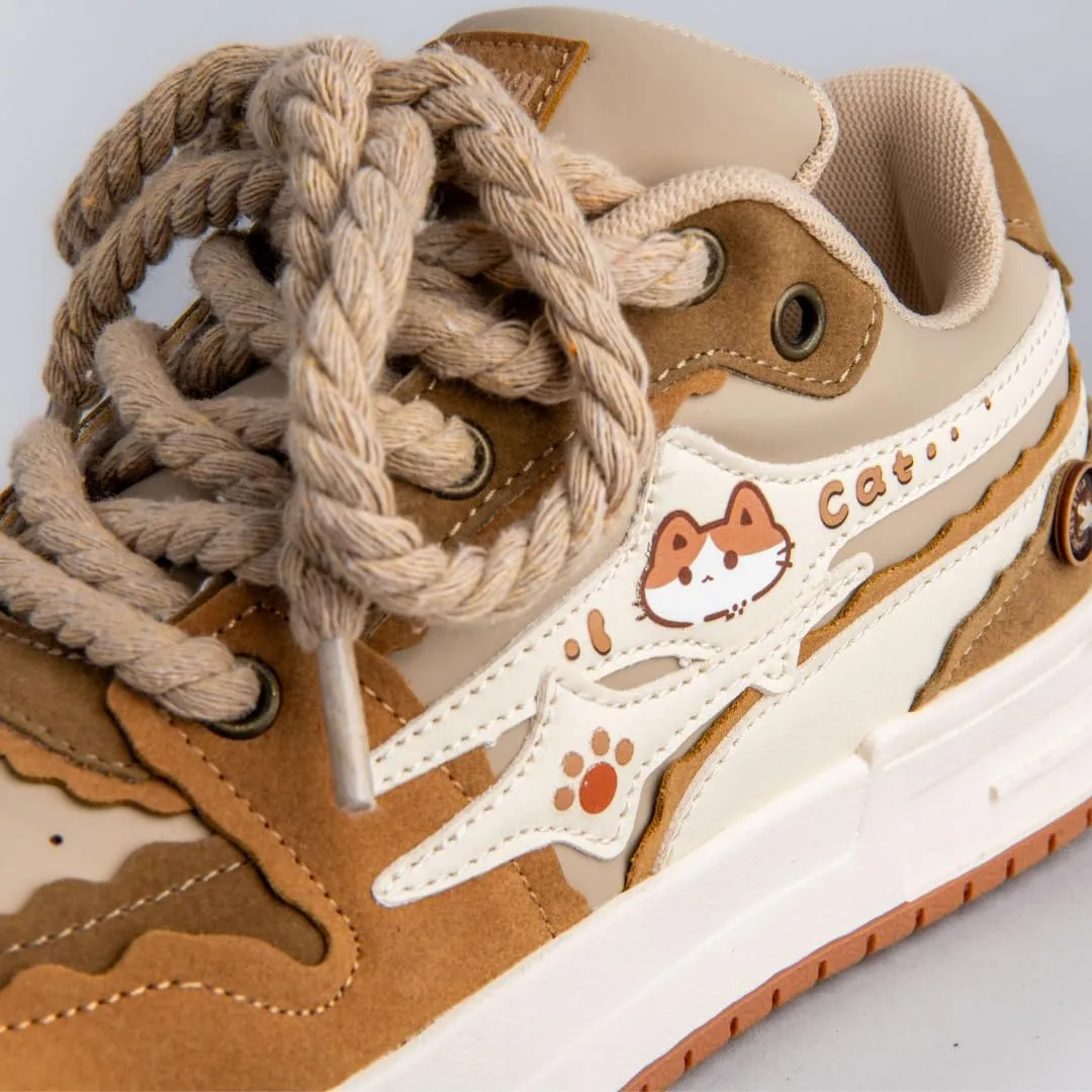 Bobo's House Friendly Kitty Chunky Brown Sneakers Kawaii Unisex Vegan Leather Platform Shoes