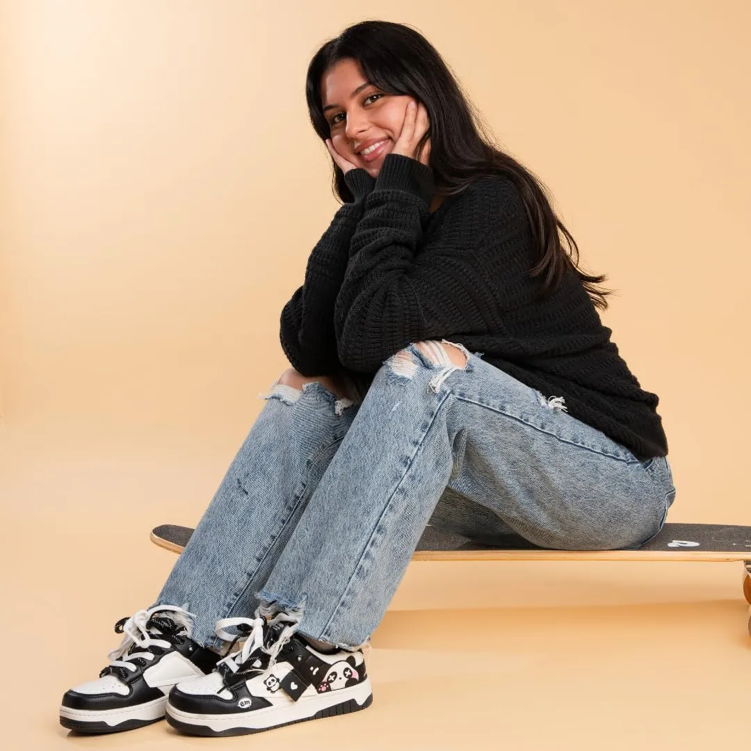 Bobo's House Sparkly Eyed Panda Chunky Sneakers Kawaii Unisex Vegan Leather Platform Shoes