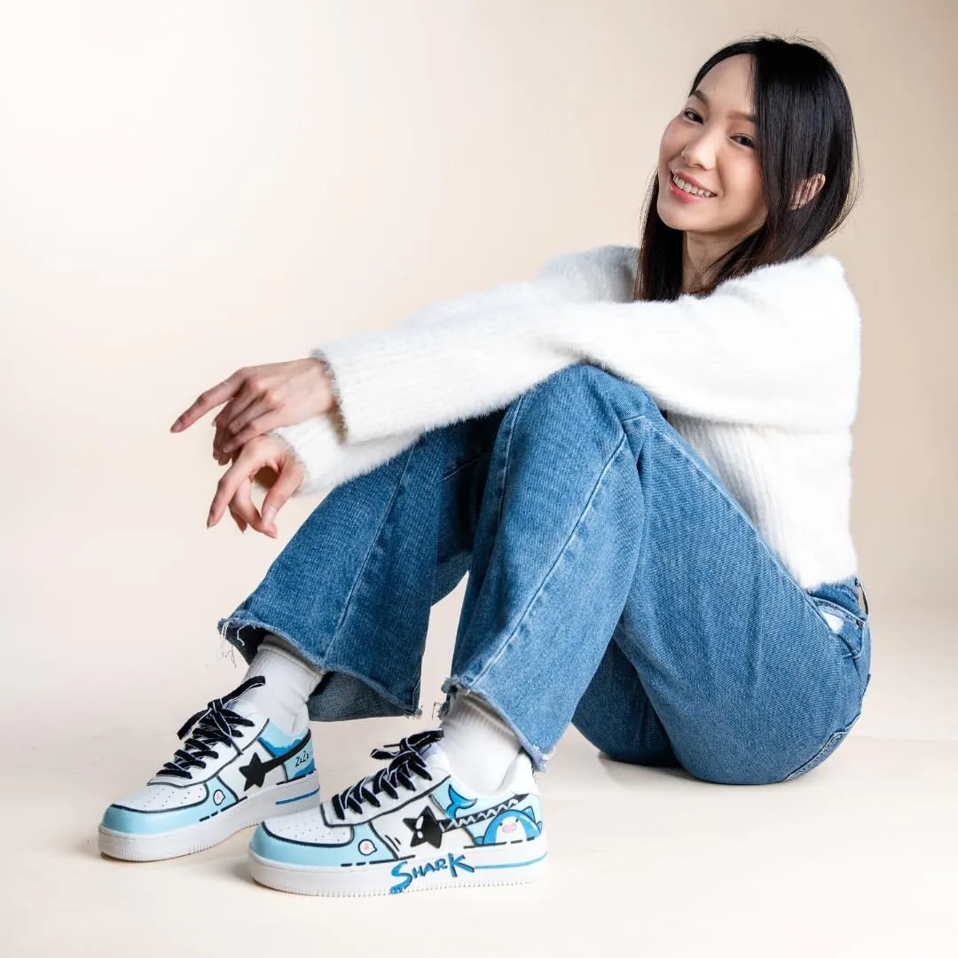 Bobo's House Unisex Hand-Painted Blue Shark Chunky Sneakers Kawaii Ocean-Inspired Vegan Platform Shoes