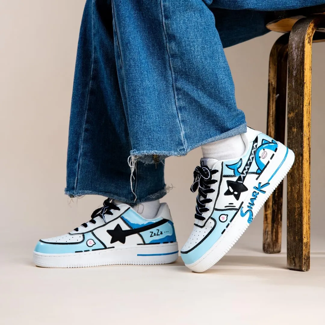 Bobo's House Unisex Hand-Painted Blue Shark Chunky Sneakers Kawaii Ocean-Inspired Vegan Platform Shoes