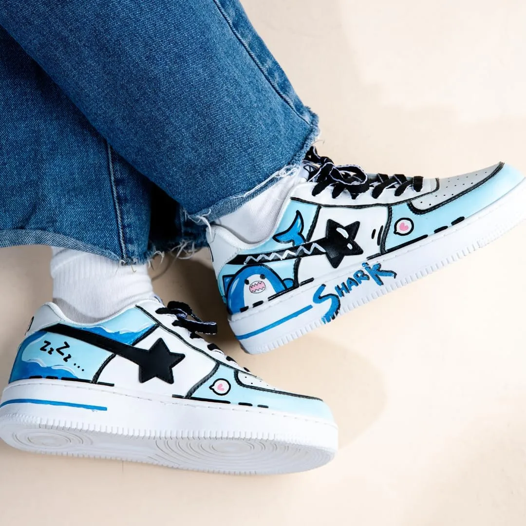 Bobo's House Unisex Hand-Painted Blue Shark Chunky Sneakers Kawaii Ocean-Inspired Vegan Platform Shoes