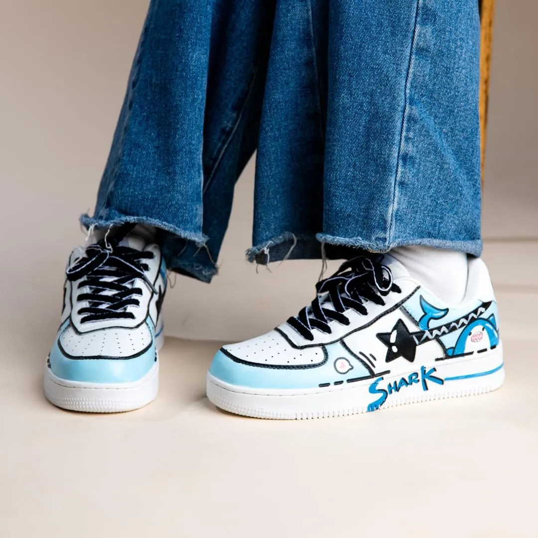 Bobo's House Unisex Hand-Painted Blue Shark Chunky Sneakers Kawaii Ocean-Inspired Vegan Platform Shoes