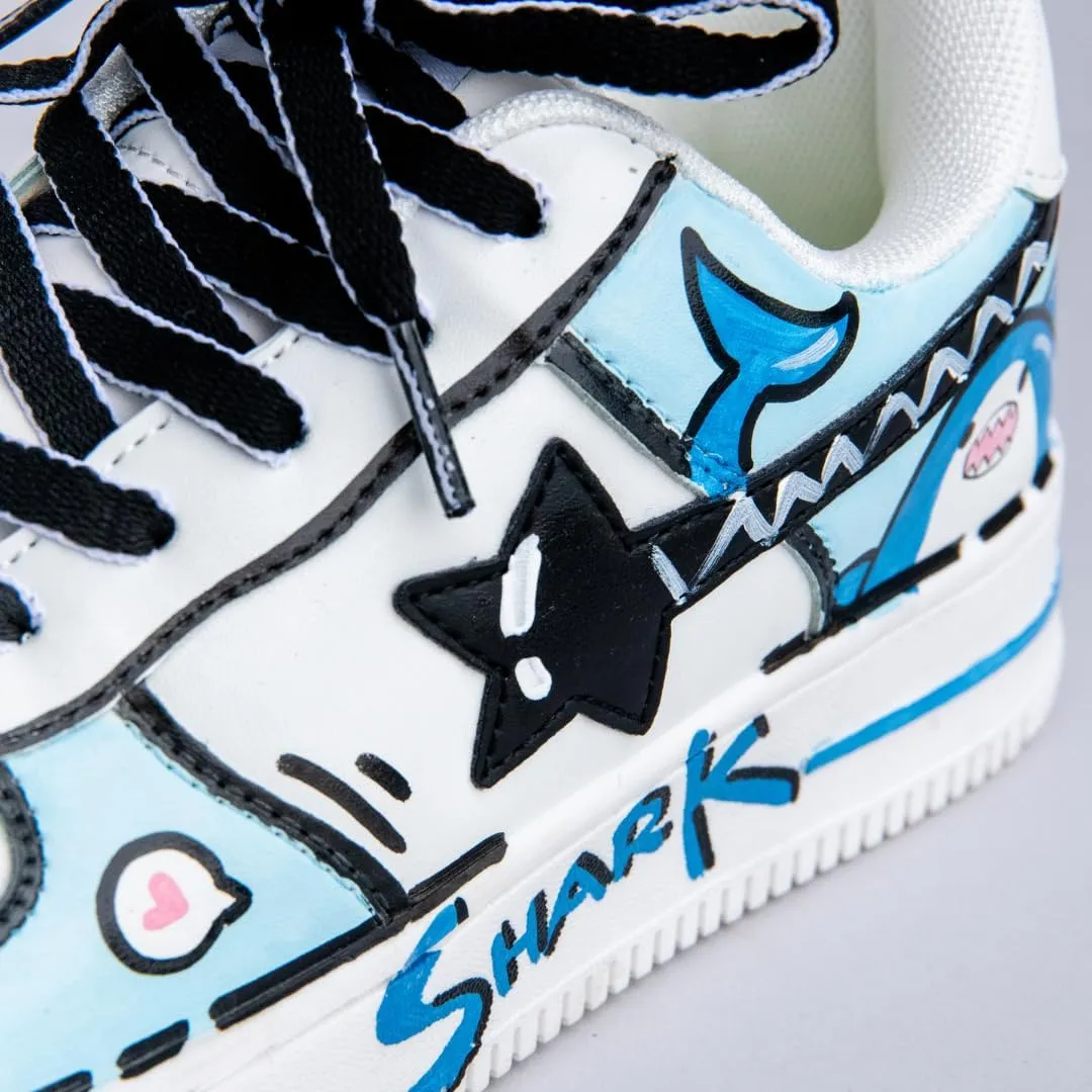 Bobo's House Unisex Hand-Painted Blue Shark Chunky Sneakers Kawaii Ocean-Inspired Vegan Platform Shoes