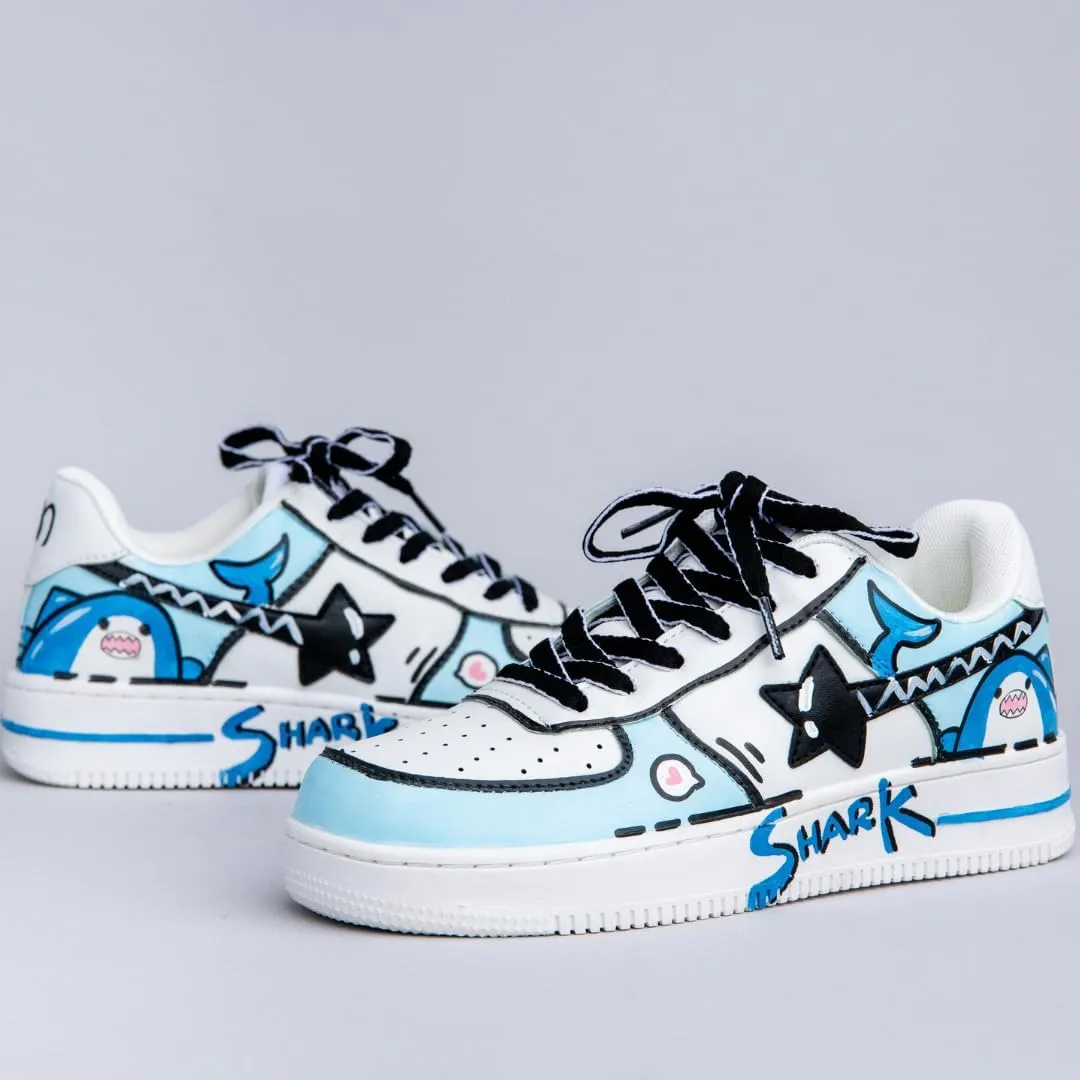 Bobo's House Unisex Hand-Painted Blue Shark Chunky Sneakers Kawaii Ocean-Inspired Vegan Platform Shoes