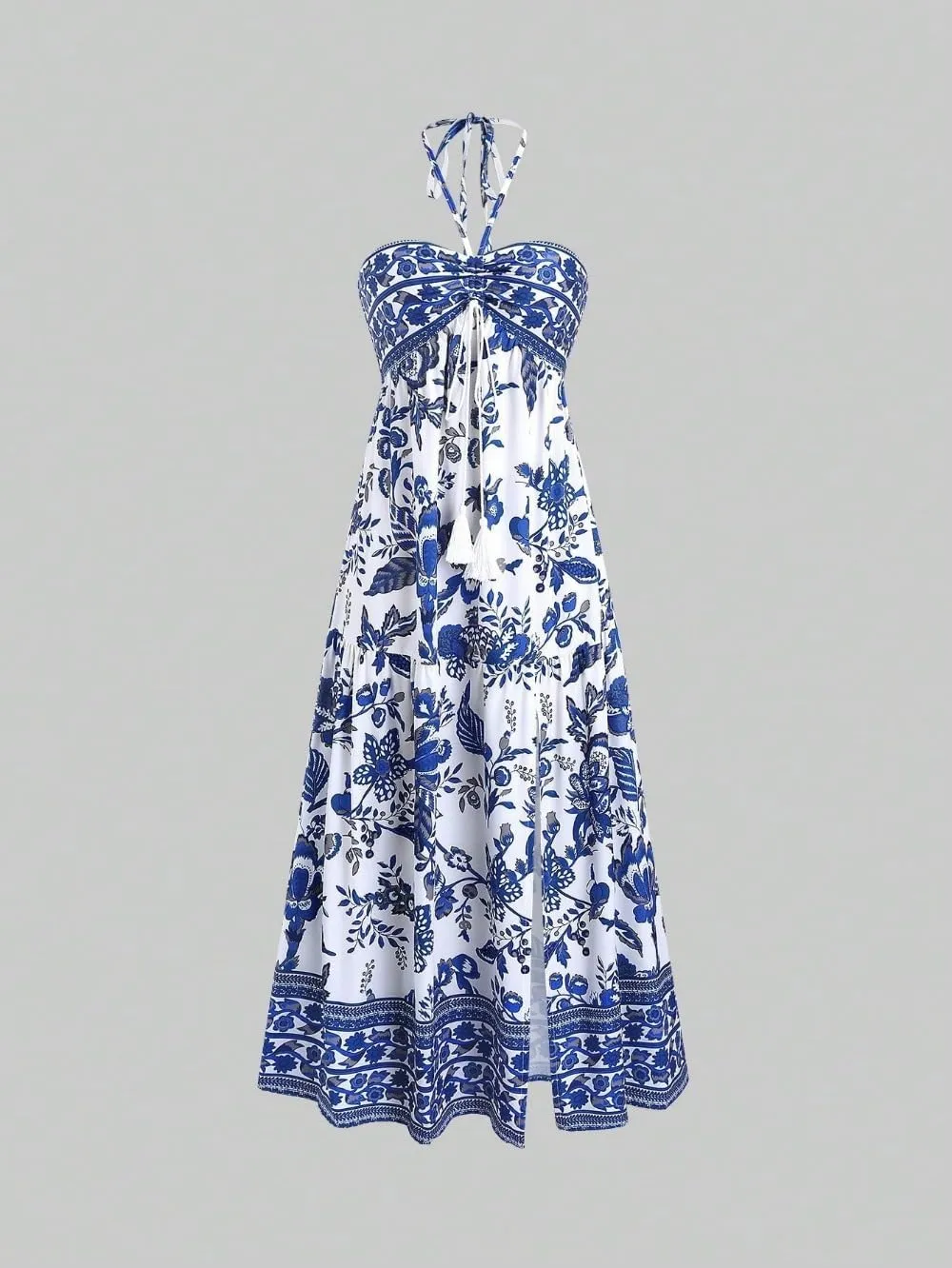 Boho Maxi Dress Halter Tube Sleeveless Sundress Summer Vacation Beach Floral Dresses 2025 Halter Dresses