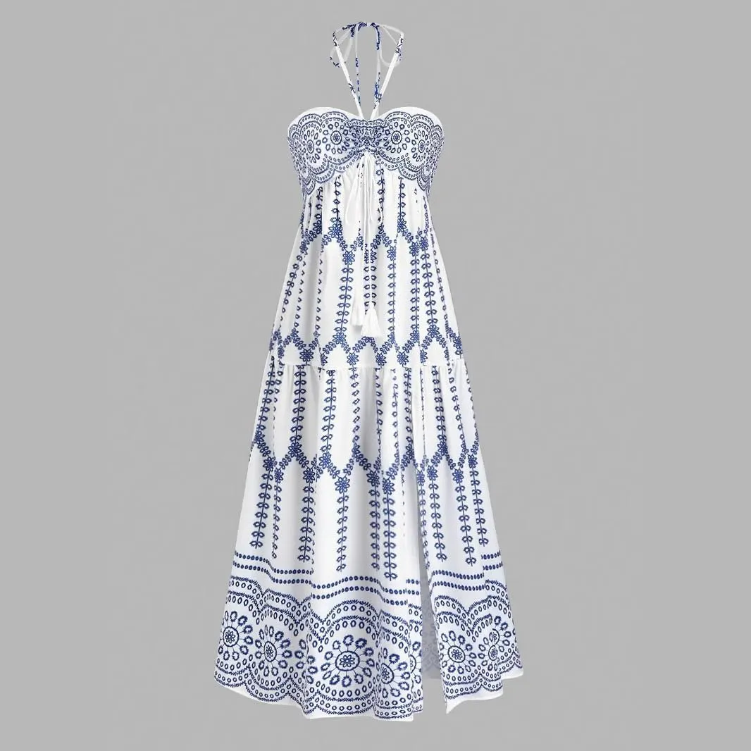 Boho Maxi Dress Halter Tube Sleeveless Sundress Summer Vacation Beach Floral Dresses 2025 Halter Dresses