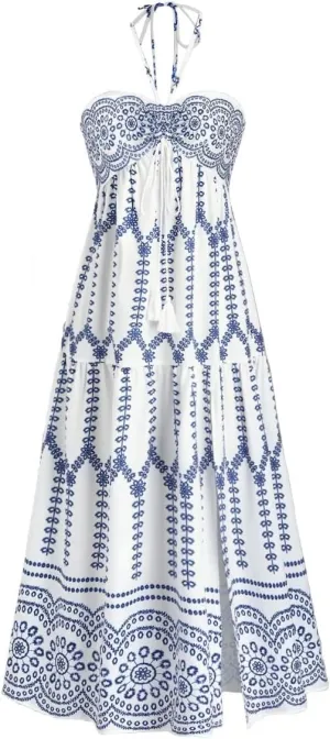 Boho Maxi Dress Halter Tube Sleeveless Sundress Summer Vacation Beach Floral Dresses 2025 Halter Dresses