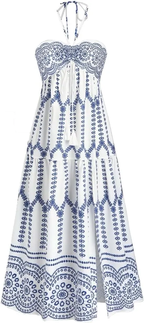 Boho Maxi Dress Halter Tube Sleeveless Sundress Summer Vacation Beach Floral Dresses 2025 Halter Dresses