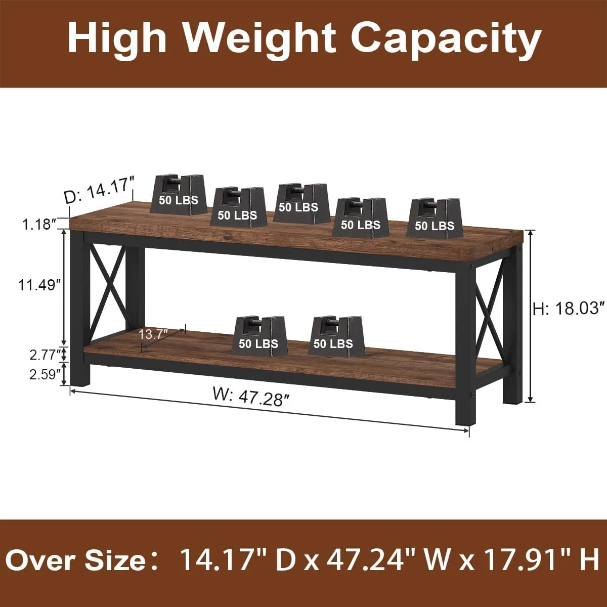 BON AUGURE 2 Tier Shoe Bench with Storage, Wood Metal Entryway Bench, Industrial Shoe Rack Benches for Entrance, Hallway, Mudroom, Bedroom, Indoor (Rustic Oak)