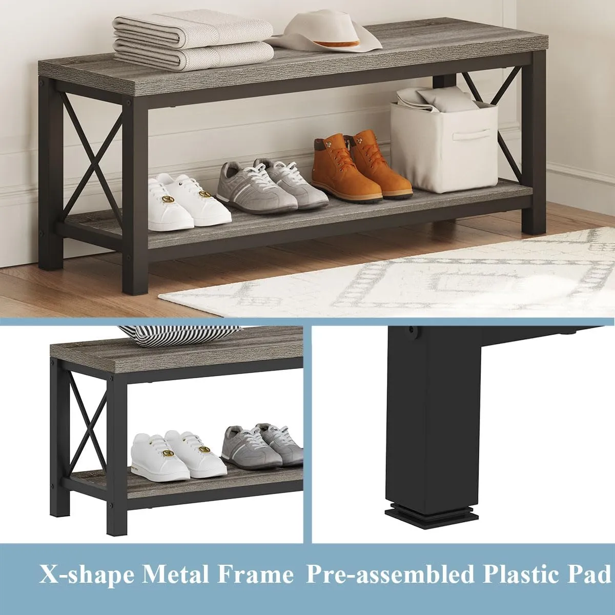 BON AUGURE Shoe Bench, Industrial Shoe Rack Bench for Entryway, Modern Shoes Storage Benches for Front Door, Foyer, Entrance, Mudroom, Bedroom (Dark Gray Oak)