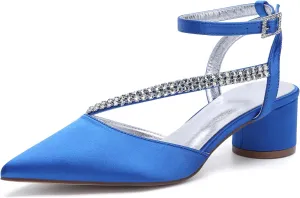 Bridal Shoes Low Heel Rhinestones Satin Strappy Wedding Shoes 4.5CM Pointed Closed Toe Women Party Ankle Strap Sandals Pumps for Prom,Blue,9