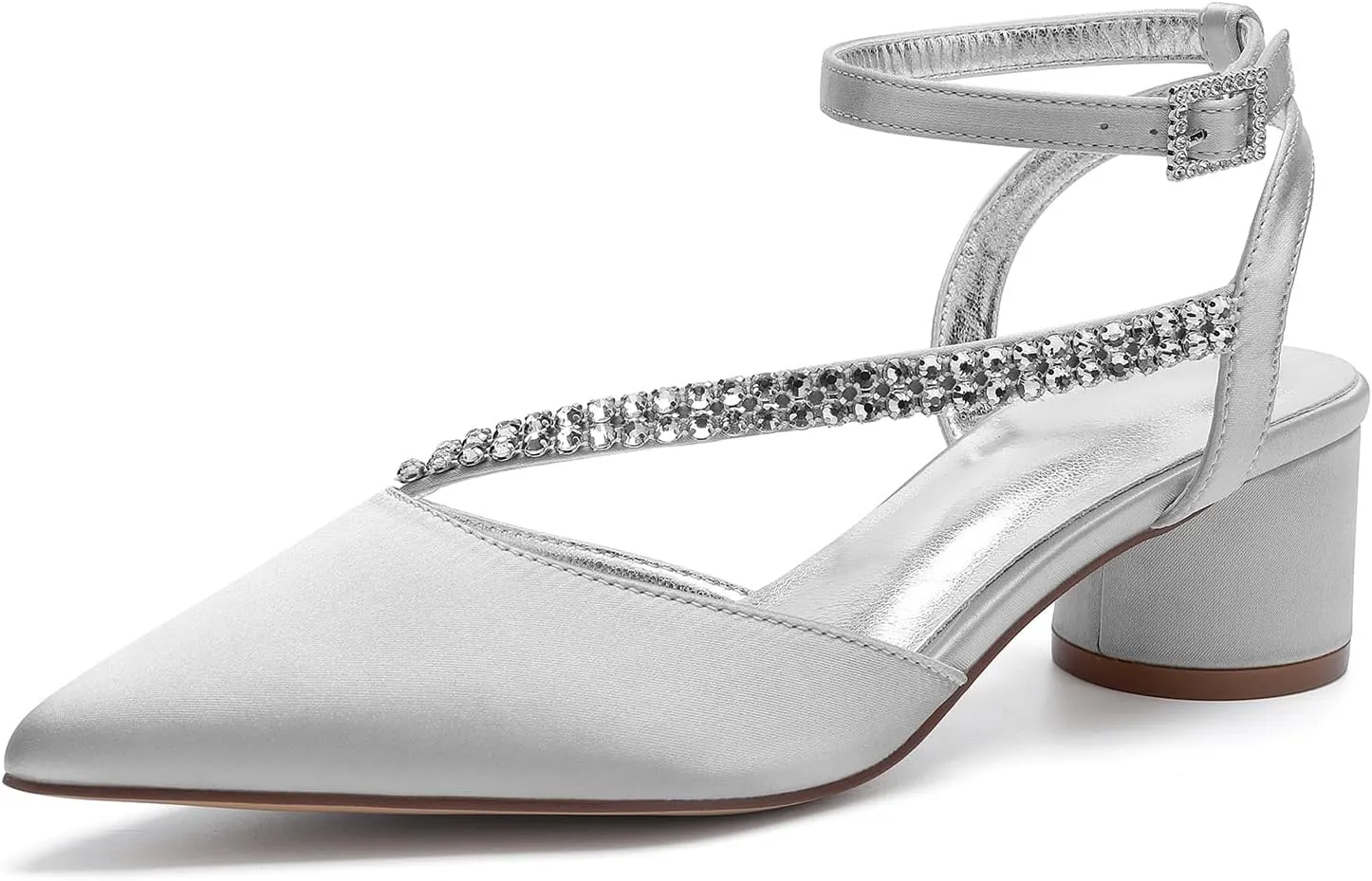 Bridal Shoes Low Heel Rhinestones Satin Strappy Wedding Shoes 4.5CM Pointed Closed Toe Women Party Ankle Strap Sandals Pumps for Prom,Silver,8.5