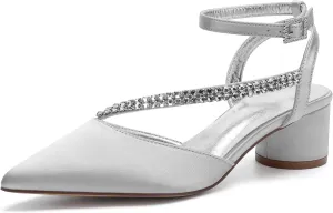 Bridal Shoes Low Heel Rhinestones Satin Strappy Wedding Shoes 4.5CM Pointed Closed Toe Women Party Ankle Strap Sandals Pumps for Prom,Silver,8.5