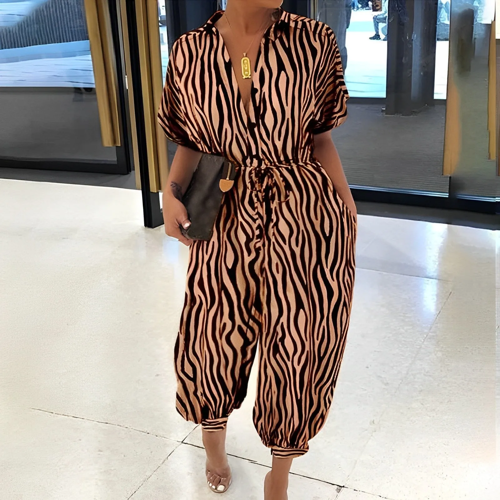 Button lace belt jumpsuit