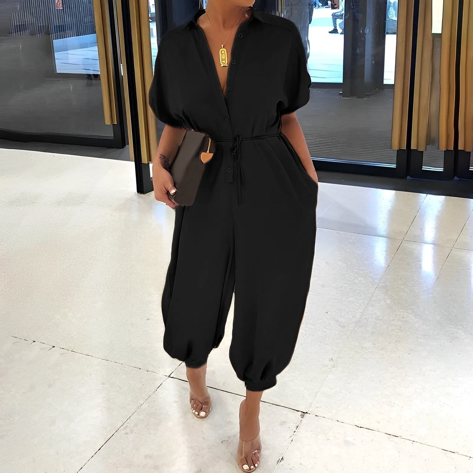 Button lace belt jumpsuit