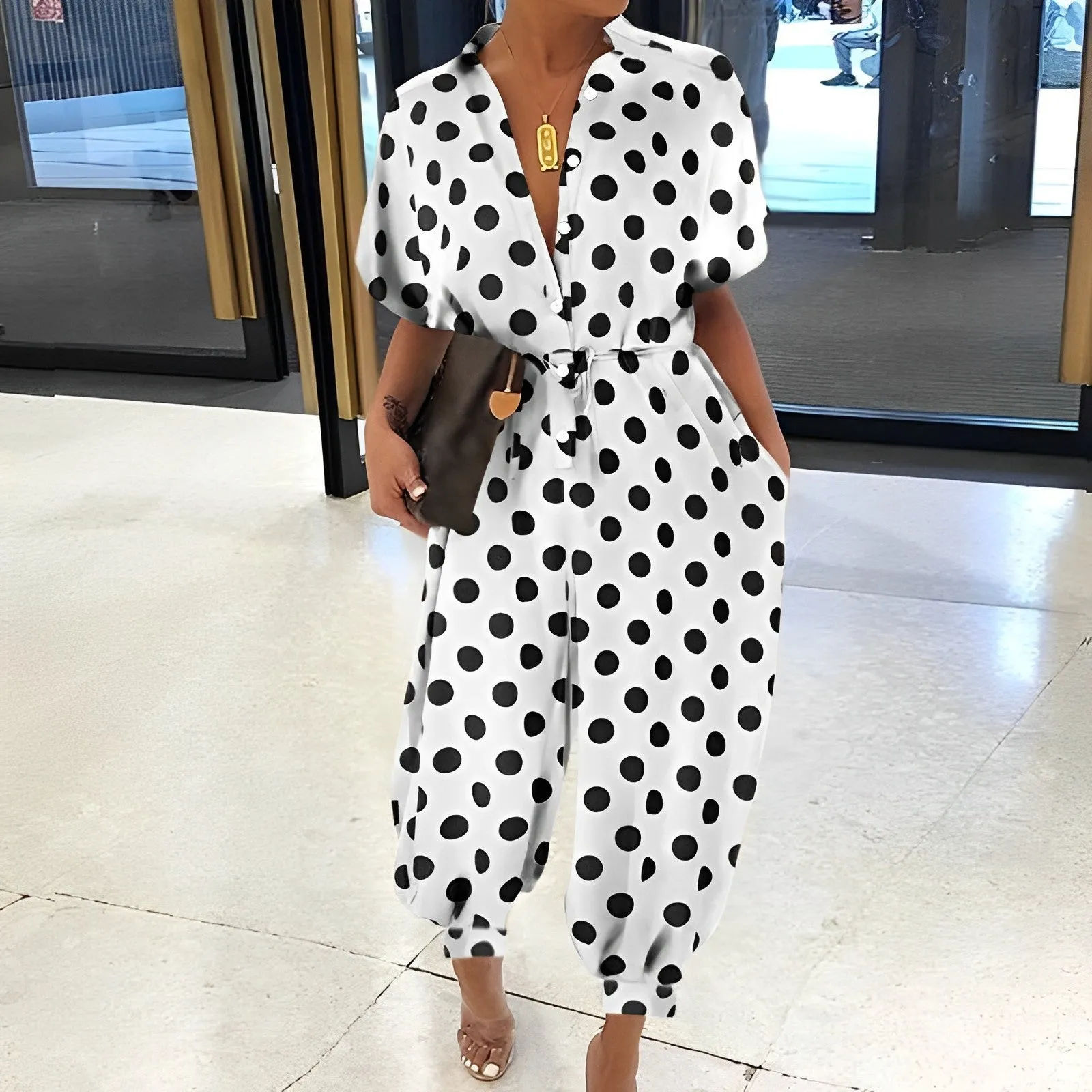 Button lace belt jumpsuit