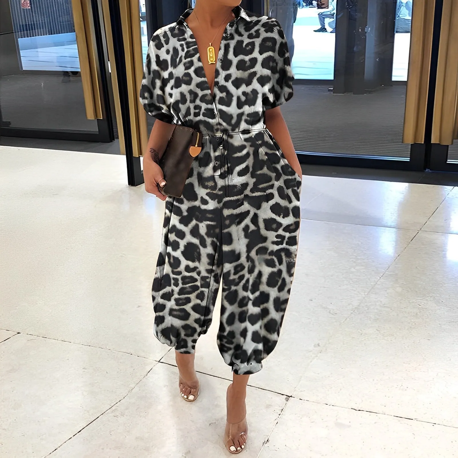 Button lace belt jumpsuit